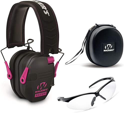 Walkers Razor Slim Electronic Hearing Protection Muffs (Sound Amplification & Suppression) with Protective Case and Shooting Glasses Kit (Choose Your Color)