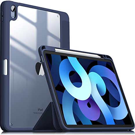 INFILAND Compatible with iPad Air 4th Generation,iPad 10.9 Inch 2020 Stand Shell, [TPU Soft Edge Shockproof] [Auto Sleep/Wake Cover] [Lightweight Transparent Back] [Pencil Holder Protector], Navy