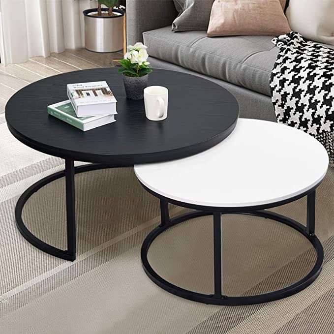 Round Coffee Table, Nesting Tables Set of 2, Large : Ø 34.0", Small : Ø 26.0", Modern Design Furniture Side End Table for Living Room, Metal Frame Sofa Table Cocktail Table, Black & White