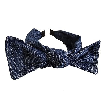 Denim Fabric Wide Knot Dot Headband Bowknot Hair Hoop for Teens Girls and Women Hair Accessories (Navy)