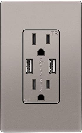 TOPGREENER High Speed USB Wall Outlet, 15A Tamper-Resistant Receptacles, Compatible with iPhone XS/MAX/XR/X/8/7, Samsung Galaxy S9/S8/S7, LG, HTC & more Smartphones, UL Listed, TU2154A-NK, Nickel
