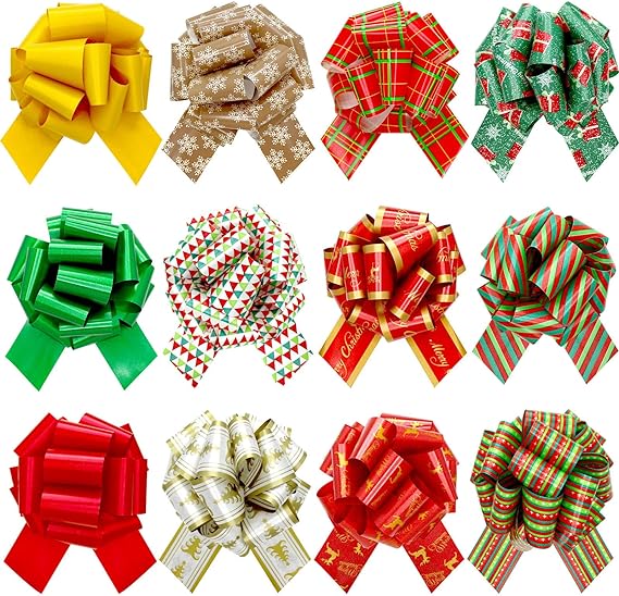 Hidreas 24 Pcs Christmas Bows for Gift Wrapping, Christmas Gift Wrap Pull Bows with Ribbon for Christmas Gifts Wrapping, Baskets, Wine Bottles, Wreath and Christmas Tree Decorations