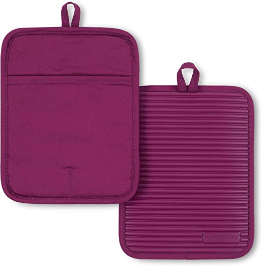 KitchenAid Ribbed Soft Silicone Pot Holder 2-Pack Set, Beet, 7"x9"