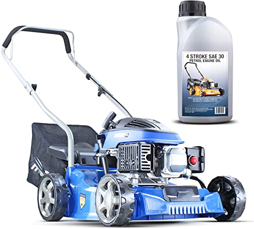 Hyundai HYM400P 79cc Push Rotary Petrol Lawnmowers, 7 Position Central Height Adjustment, 16 Inch 40 Centimetre Cutting Width, Polypropylene Deck, Included Engine Oil, Blue, 2.6 W