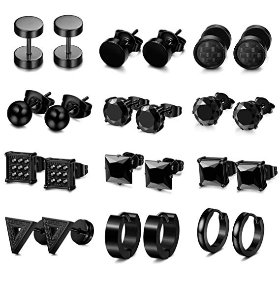 LOLIAS 12 Pairs Black Stud Earrings Hoop Earrings Set for Men Women Stainless Steel Huggie Earrings Piercing