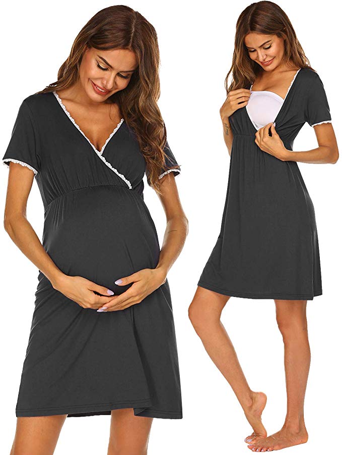 Ekouaer Women Delivery/Labor/Maternity/Nursing Nightgown Long/Short Sleeve Pleated Breastfeeding Sleep Dress(S-XXL)