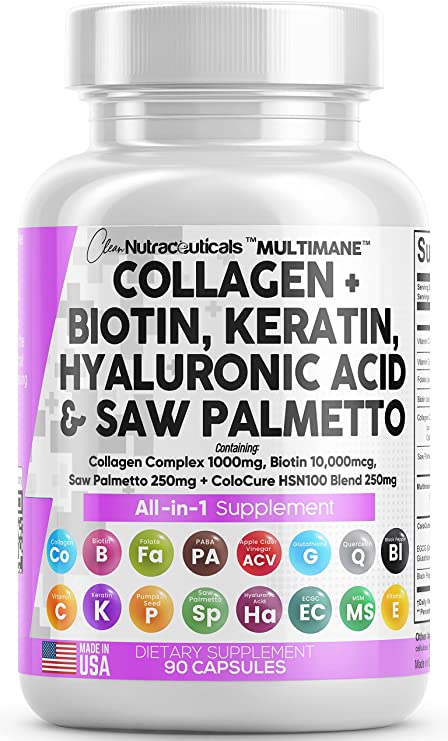 Collagen Complex 1000mg Biotin 10000mcg Saw Palmetto 2500mg Hyaluronic Acid Keratin Complex - Hair Skin and Nails Vitamins and DHT Blocker with Vitamin E Folic Acid Pumpkin Seed MSM USA - 90 Count