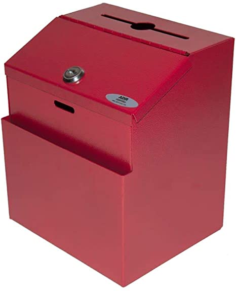 Adir Wall Mountable Steel Suggestion Box with Lock - Donation Box - Collection Box - Ballot Box - Key Drop Box (Red) with 25 Suggestion Cards