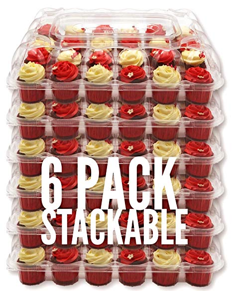 [6 Pack] BakeryBest Cupcake Carrier keeps 24 Cupcakes | Plastic Holder, Container, Storage Tray | Disposable, Reusable | Transport 144 cupcakes or muffins | Unhinged Lid | Non-Slip, Stackable