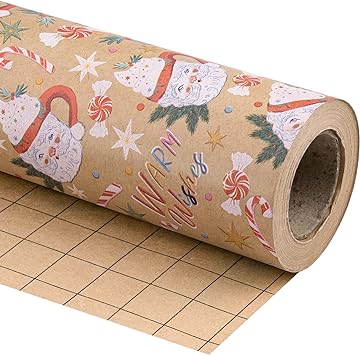 WRAPAHOLIC Kraft Christmas Wrapping Paper - Mini Roll - 17 Inch X 33 Feet - Santa Claus Cup with Warm Wish Lettering Design for Chrsitmas, Holiday, Party Celebration