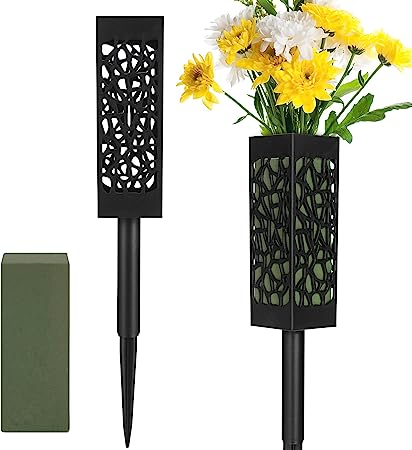 Graves Cemetery Vases with Foam, Fetanten 2 Piece Memorial Cemetery Floral Holders with Long Spike Stake Drainage Holes for Gravestone Grave Garden Yard Ground Outdoor Flower Marker Decorations
