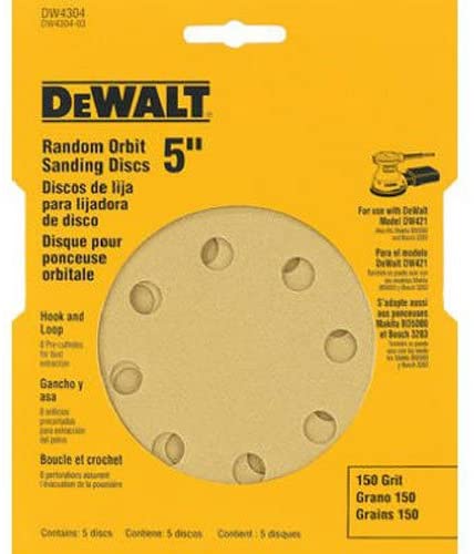 DEWALT DW4304 5-Inch 8 Hole 150 Grit Hook and Loop Random Orbit Sandpaper, 5-Pack