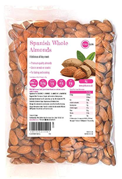 PINK SUN Whole Almonds 1kg (or 2kg, 3kg, 5kg) Raw Natural Spanish Nuts Unsalted Whole Foods with Skins On Kernals Unpasteurised Unroasted Gluten Free Vegetarian Vegan Bulk Buy 1000g