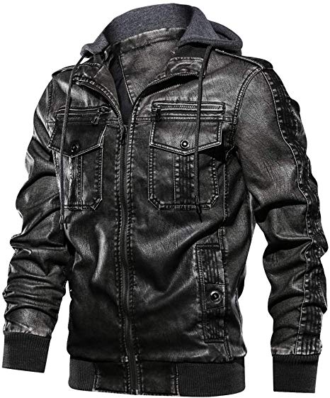 JYG Men's Stand Collar Faux Leather Motorcycle Jacket with Removable Hood