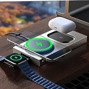 LISEN Qi2 3 in 1 Magsafe Charging Station Apple, 15W Fast Charging Foldable iPhone 16 Wireless Charger Station Dock for Multiple Devices, Magsafe Charging Stand for iPhone 16 15 14 Pro Airpods Watch