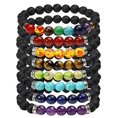 Eigso 1-8 Pcs 7 Chakra Energy Bracelets Set for Women Men Lucky Lava Rock Bracelet Stone Beads with Reiki Healing