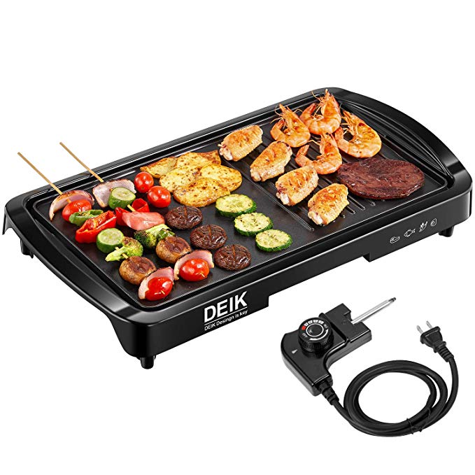 Electric Griddle, DEIK 2-in-1 Indoor Grill Smokeless Coated Non-Stick Pancake Griddle, 20''x10'' Extra Large Surface with 2 Oil Collection Channel, Cold-Touch Design, 5-Level Control, 1600W