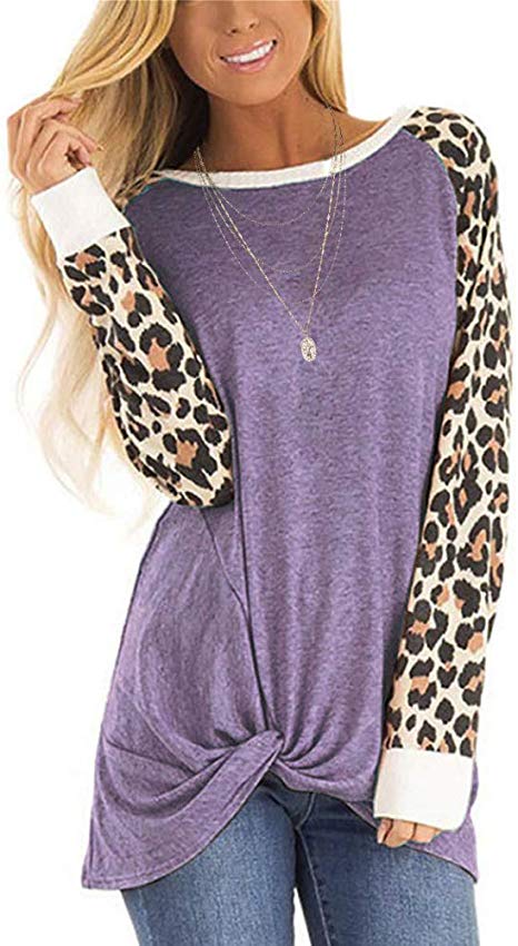 OMSJ Womens Casual Tops Long Sleeve Leopard Knot Twist Loose Fall Pullover Tunic Tops
