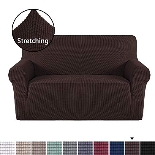 1 Piece Sofa Slipcover Slip Resistant Furniture Cover/Protector Jacquard Spandex Stretch Sofa Slipcovers (Two Seater, Brown)