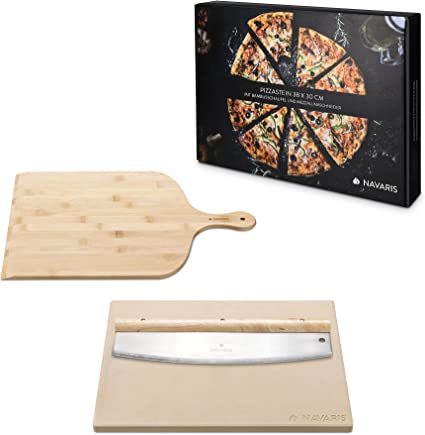 Navaris Pizza Stone Set (3 Pieces) - For Grill and Oven - Incl. Rectangular Cordierite Pizza Stone 14.8x11.8", Pizza Cutter, Pizza Peel, Recipe Book