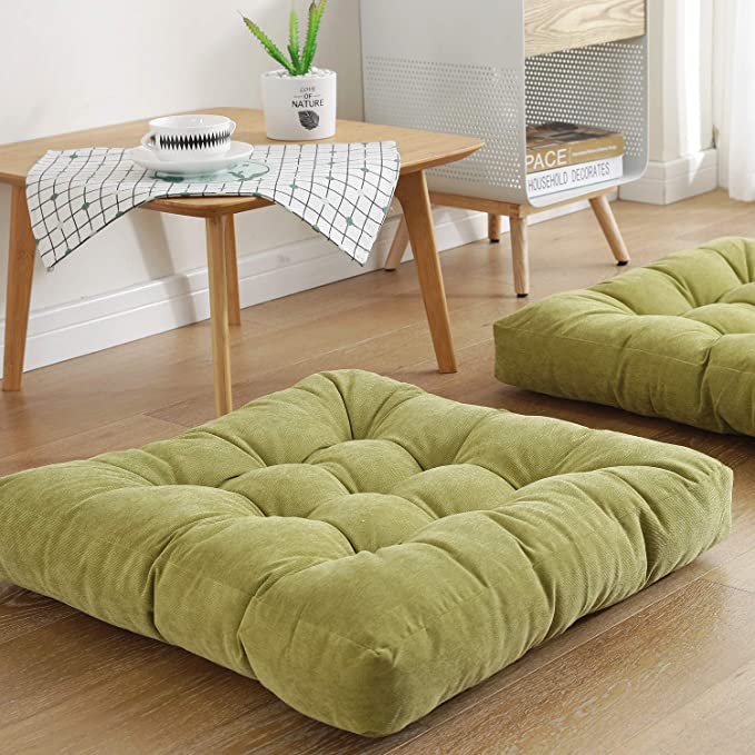 Sexysamba Square Floor Seat Pillows Cushions 22" x 22", Soft Thicken Yoga Meditation Cushion Pouf Tufted Corduroy Tatami Floor Pillow Reading Cushion Chair Pad Casual Seating for Adults & Kids, Green