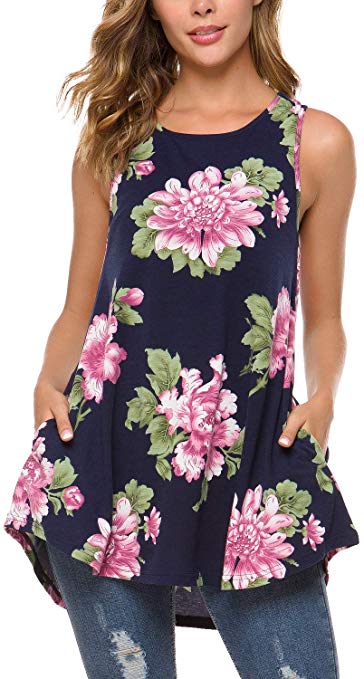 Women's Floral Sleeveless Flare Tunic Top with Pockets