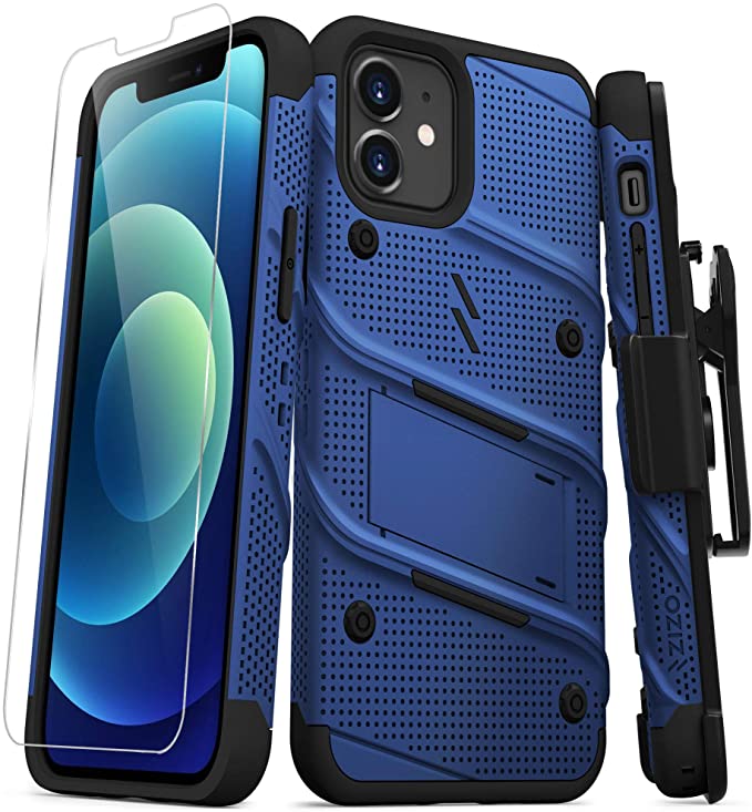 ZIZO Bolt Series for iPhone 12 / iPhone 12 Pro Case with Screen Protector Kickstand Holster Lanyard - Blue & Black