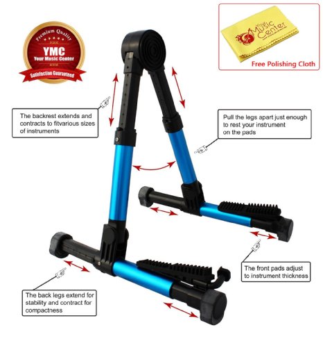 YMC Guitar Stand for Acoustic/Electric/Classical Guitars and Violin, Ukulele, Bass, Banjo, Mandolin - Folding, Portable and Lightweight - Fits Your Fender/Epiphone/Taylor/Yamaha/Martin Music Instrument - The Ultimate for Concert & Travel - Premium Accessories by YMC (Blue)   Free Polishing Cloth - Lifetime Warranty