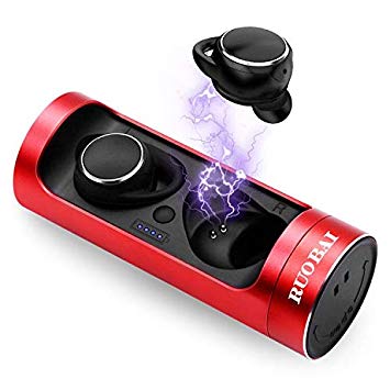 RUOBAI Bluetooth Wireless Earphones Premium Stereo Sound,Bluetooth 5.0 True Wireless Earbuds Up to 18 Hours Play Time, Built-in Mic Bluetooth Headphones with Portable Charging Case and Automatical Quick-Pairing Technology-Red