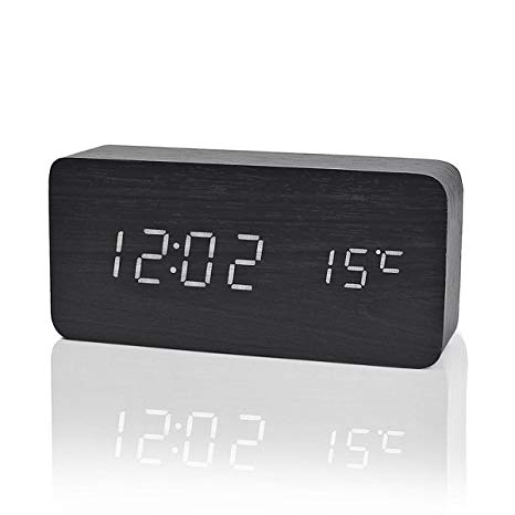 Led Alarm Clock, Wooden Digital Alarm Clock Activated by Either Touch or Sound,Temperature Multi-function Alarm Clock (Year, Month, Data, 12/24 hour, Time, Alarm and Brightness Setting) (BLK)