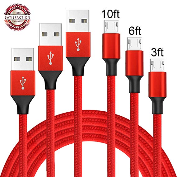 Vanzon Micro USB Cable,3Pack 3FT 6FT 10FT Long Premium Nylon Braided Android Charger USB to Micro USB Charging Cable Samsung Charger Cord for Samsung Galaxy S7 Edge/S7/S6/S4/S3,Note 5/4/3-Red