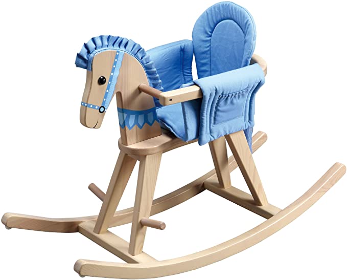 Teamson Kids - Safari Animal Kids Child Toy Wooden Rocking Horse Pony with Removable Safety Surround Pad for Toddlers - Natural / Blue