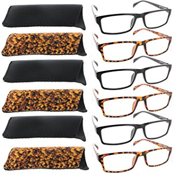 Reading Glasses - 6 Pack - 3 Black & 3 Tortoise For Men and Women - Stylish Look and Crystal Clear Vision - Comfort Spring Hinges & Dura-Hex Screws