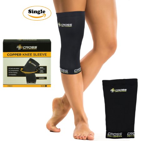 Cross Sports Compression Copper Infused Knee Brace, Best Recovery Sleeve for Men and Women, GUARANTEED Highest Copper Content, Comfortable Enough For All Day Use, Fits Well Under Pants