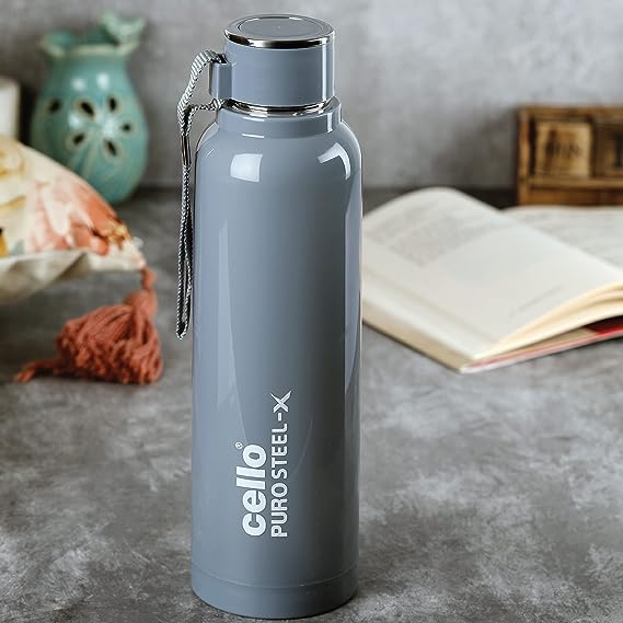 Cello Puro Steel-X Benz 900 | Leak Proof| Wide Mouth & Easy to Open | Insulated Inner Steel Outer Plastic Water Bottle | 730 | Grey