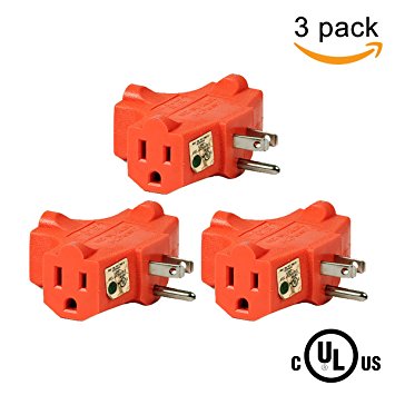 (3 Pack) Uninex T-shape Triple (3) Outlet Heavy Duty Grounded Wall Plug Tap Adapter Orange