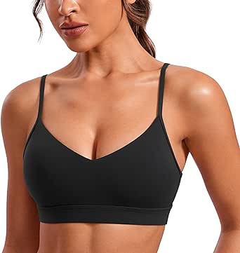 CRZ YOGA Butterluxe V-Neck Sports Bras for Women - Adjustable Thin Straps Padded Yoga Bra Basic Wireless Bra Camisole