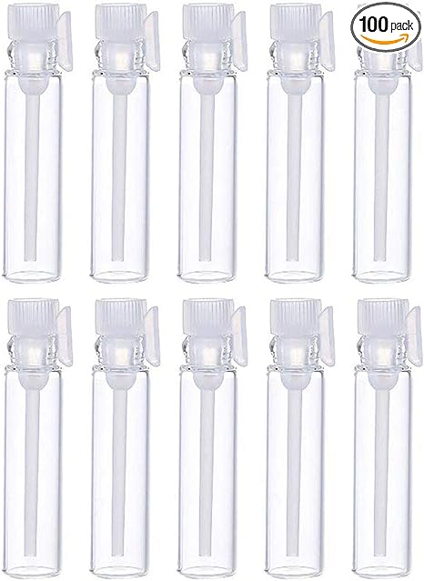 Teensery 100 Pcs Empty Perfume Sample Bottles Mini Glass Refillable Sample Vial Containers with Clear Cap for Aromatherapy, Essential Oil, Fragrance and Liquid (2ml)