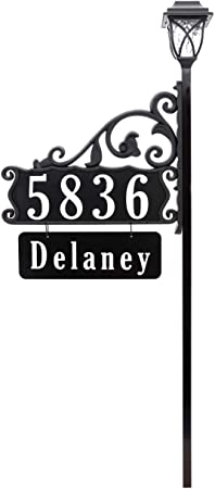 Address America Boardwalk Personalized Custom Double-Sided Reflective Home Address Sign For Yard With Name Rider Plaque Includes Solar Decorative Light For 911 Number Visibility - 47" Post - SL