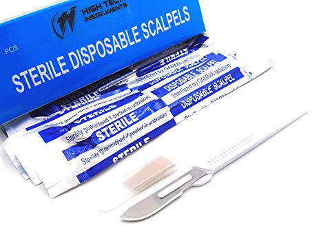 Disposable Scalpels High-Carbon Steel Blades, Plastic Graduated Handle, Sterile, Individually Foil Wrapped, Box of 10 (Disposable Scalpel #22)