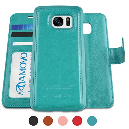 Amovo Galaxy S7 Case [Detachable Wallet Folio] [2 in 1] [Premium Vegan Leather] Samsung S7 Wallet Case Cover with Leather Strap Gift Box Package (Aqua)