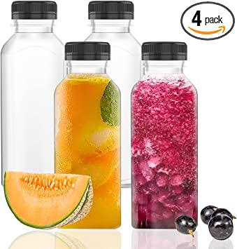 12 Oz Plastic Juice Bottles Empty Clear Containers with Tamper Proof Lids for Juice, Milk and Other Beverage, 4 Pcs