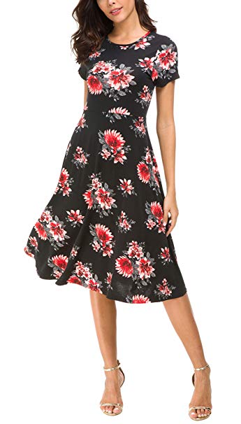 Urban CoCo Women's Floral Print Short Sleeve Flared Midi Dress