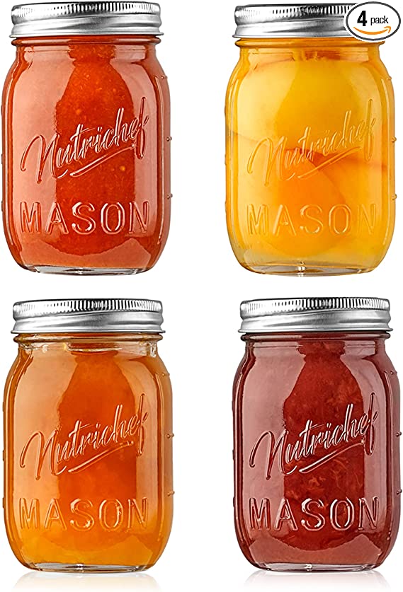 Mason Jars with Lids -Max Capacity 16oz DIY Magnetic Spice Jar Glass Container w/ Airtight Lid and Band -Ideal for Meal Prep, Overnight Oats, Jelly, Jam, Honey, Candles,Crafts,Wedding Favors (4 Pcs)