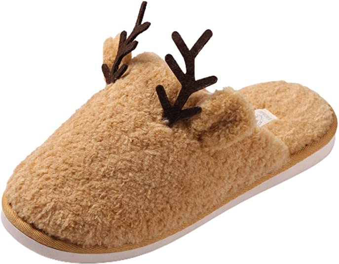 ACEVOG Women & Men Christmas Deer Plush Slippers Classic Cartoon No-Slip Memory Foam Indoor Outdoor Slip-on Shoes