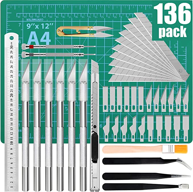 136-PACK Exacto Knife Upgrade Precision Carving Hobby Knife Exacto Knife Kit Craft Knife Blades,A4 Cutting Mat,Tweezers,Scissors for Art, Scrapbooking,Craft Cutting,Modeling Tools Jetmore