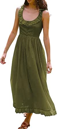 R.Vivimos Womens Summer Cotton Sleeveless Midi Dresses Vintage Lace Trim Button Up Tie Waist Casual A-Line Flowy Long Dresses