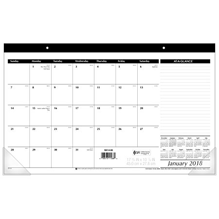 AT-A-GLANCE Compact Monthly Desk Pad Calendar, January 2018 - December 2018, 17-3/4" x 10-7/8", Black / White (SK1400)