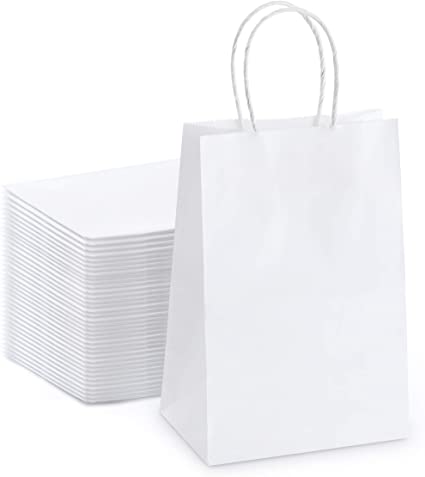 Mesha 50pcs White Gift Bags 5.25" x 3.75" x 8", Small Size Kraft Paper Bags with Handles for Handwork, Shopping, Gift, Merchandise, Retail, Party
