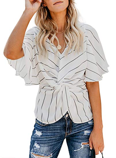 FARYSAYS Women's Floral Print Short Sleeve V Neck Ruched Twist Tops Loose Casual Blouse Shirts